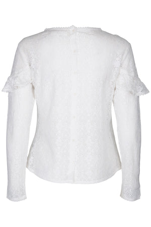 Lace ruffle off white blouse with back button closure