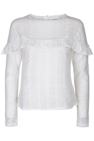 Lace ruffle off white blouse with back button closure