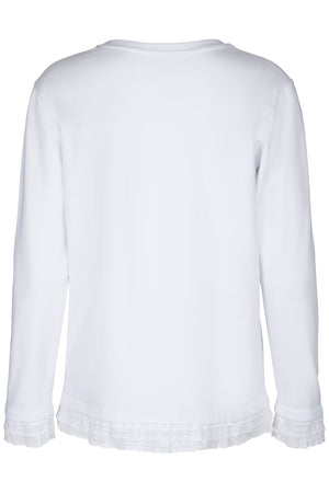 White ladies sweater long sleeve with black logo print artwork